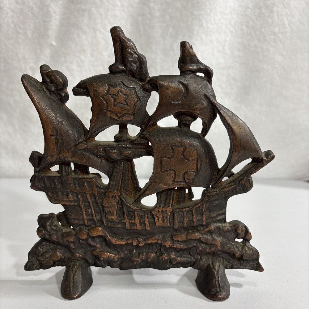 Vintage Cast Iron Spanish Galleon Ship Doorstop 7x7x3" Fireplace Hardware 3